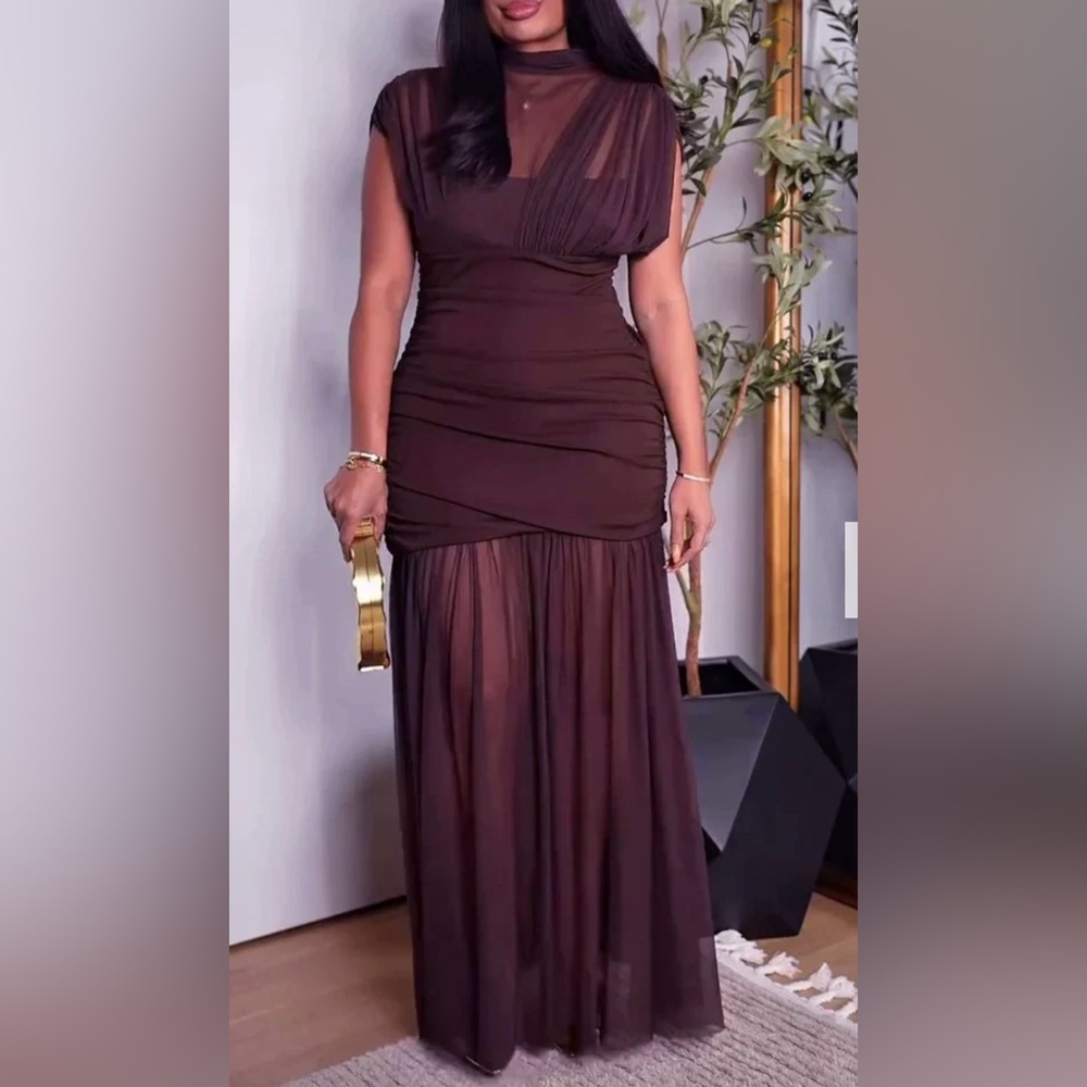 Brand new, never worn. Elegant maxi Brown/deep burgundy mesh bodycon dress - xs